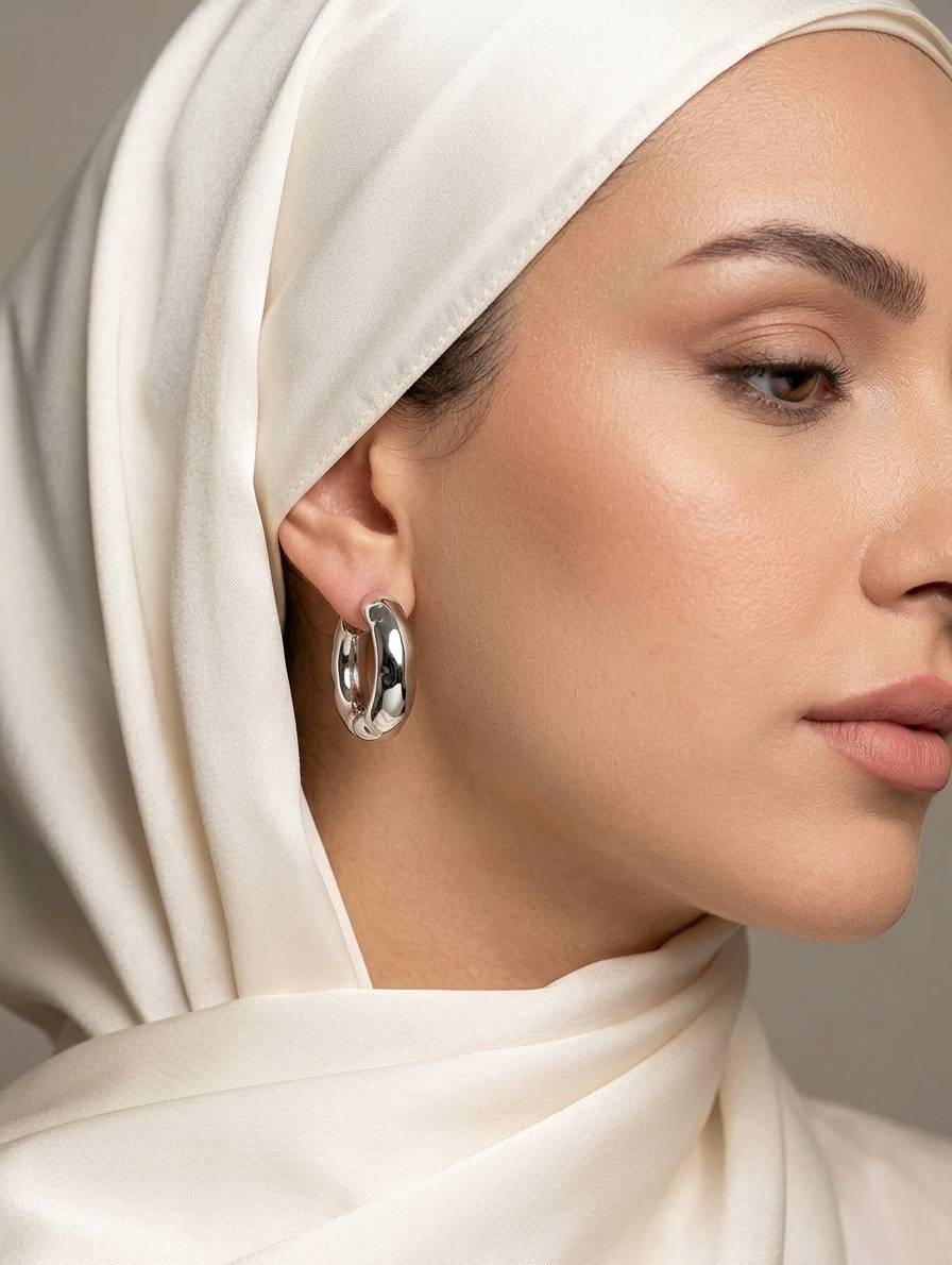 گوشواره حلقه‌ای تپل نقره‌ای با درخشش آینه‌ای روی گوش مدل با لباس ساتن.