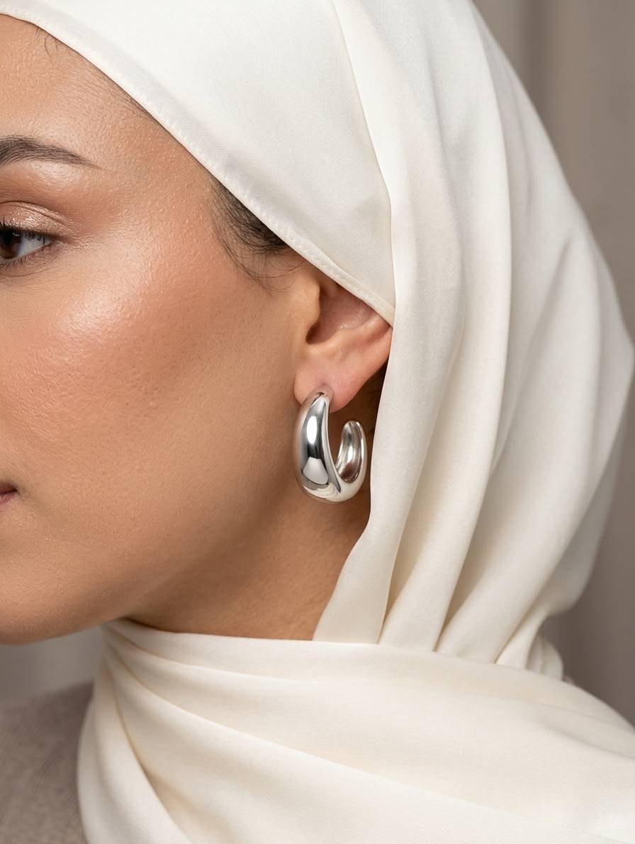 گوشواره C-شکل تپل نقره‌ای با سطح صیقلی روی گوش مدل با استایل شیک.