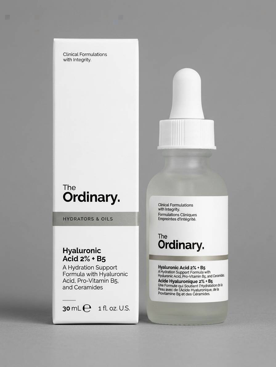 جعبه و بطری سرم Hyaluronic Acid 2% + B5 اوردینری ۳۰ میل روی پس‌زمینه طوسی