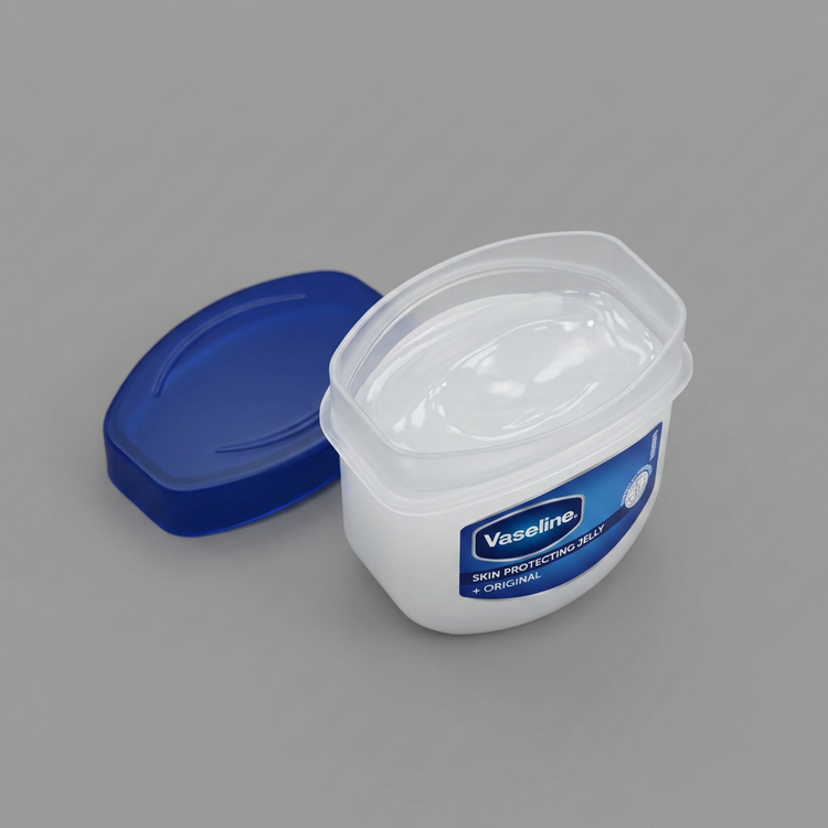نمای باز شده ظرف وازلین اصل Vaseline با بافت کرمی